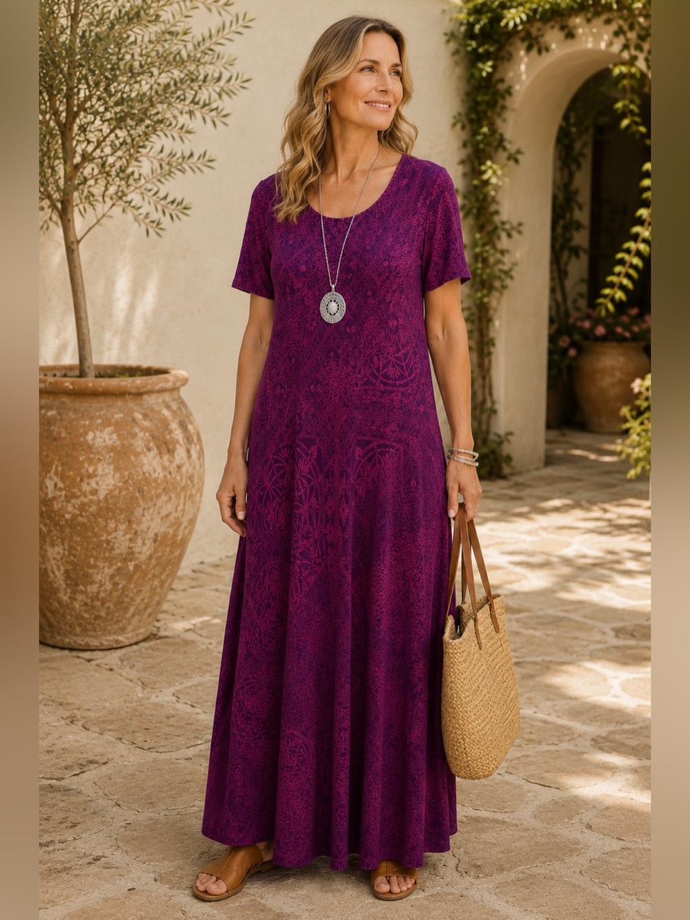 Soft Surroundings Petite Small Purple Maxi Dress Stretch Knit A-Line Lagenlook